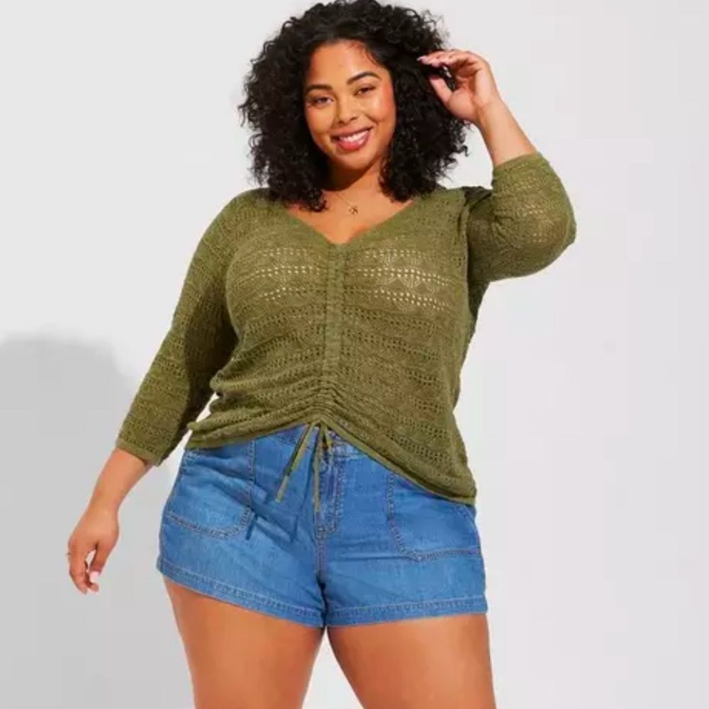 Torrid Olive Green Pullover V-Neck Cinched Sweater NWT Torrid 0/ US 12